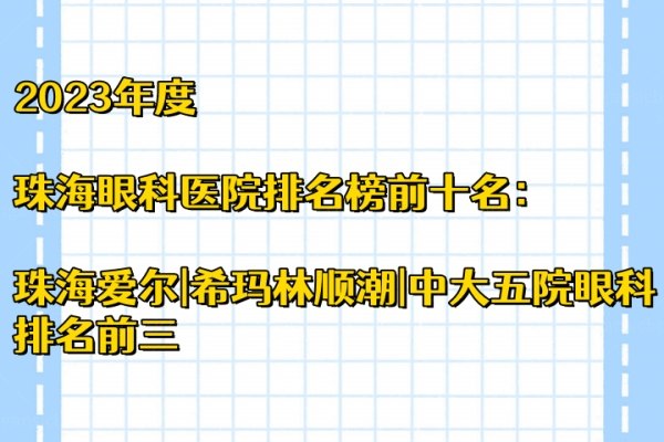 2023年度珠海眼科医院排名榜前十名：珠海爱尔|希玛林顺潮|中大五院眼科排名前三www.jingansicbd.com